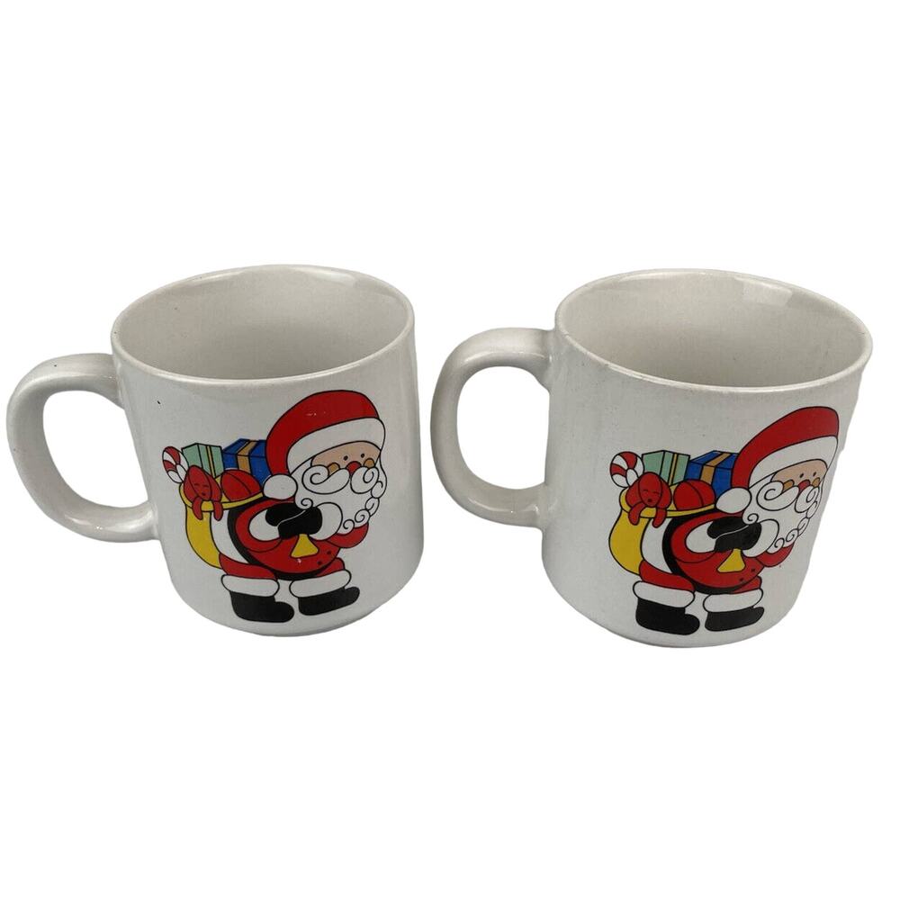Set of 2 Vintage Santa Claus Mugs Holiday Christmas Coffee Cups White EUC